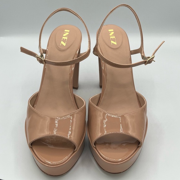 Inez Camilla Platform Heels in Tan Patent | Nude Leather Peep Toe Slingback Heel - Picture 3 of 11